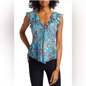 10 Crosby Derek Lam Emilie Bright Blue Metallic Floral Ruffle Blouse Top